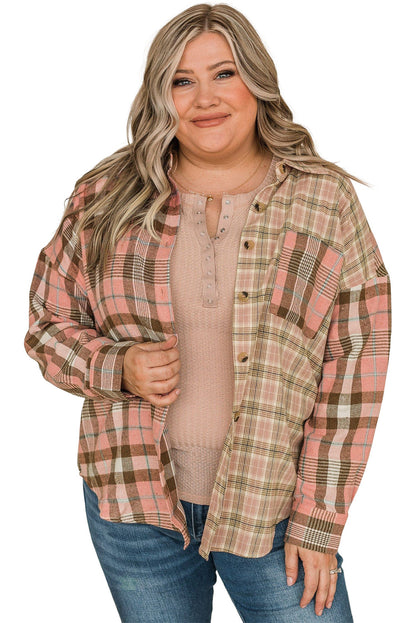 Pink Plaid Pocketed Plus Size Shirt With Long Sleeves