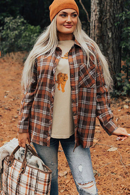 Brown Plaid Chest Pocket Western Casual Shirt