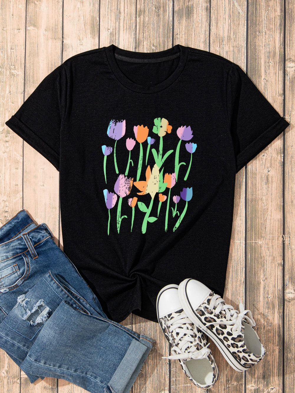 Floral Charm Black Crewneck Graphic Tee