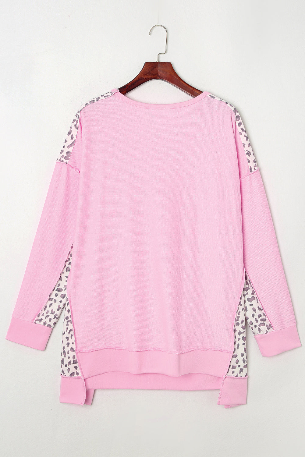 Pink Leopard Patchwork Plus Size Sweatshirt with Exposed Seams