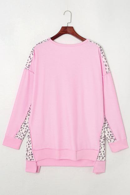 Pink Leopard Patchwork Plus Size Sweatshirt with Exposed Seams