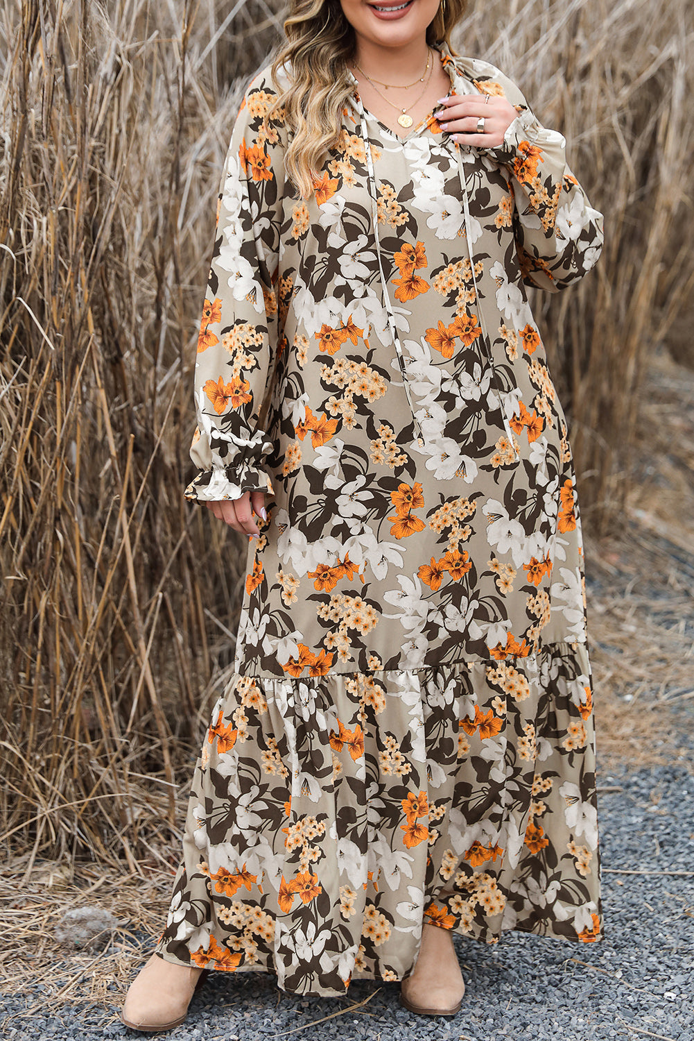 Multicolour Boho Flower Print Maxi Plus Size Dress