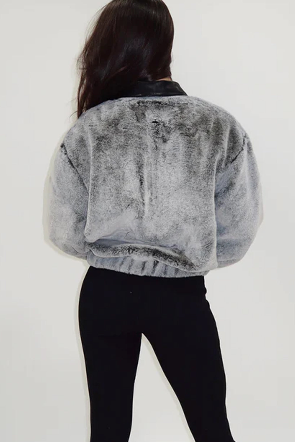 High-rise Fleece Plush Contrast Faux Leather Collared Zipped Casual Jacket