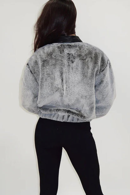 High-rise Fleece Plush Contrast Faux Leather Collared Zipped Casual Jacket