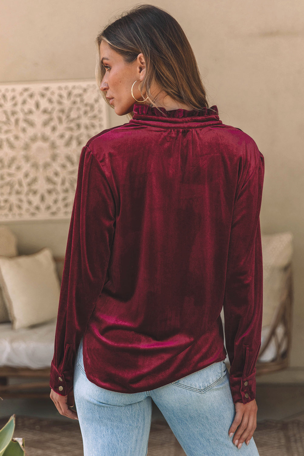 Frilled Burgundy Velvet Top with Buttoned Neck