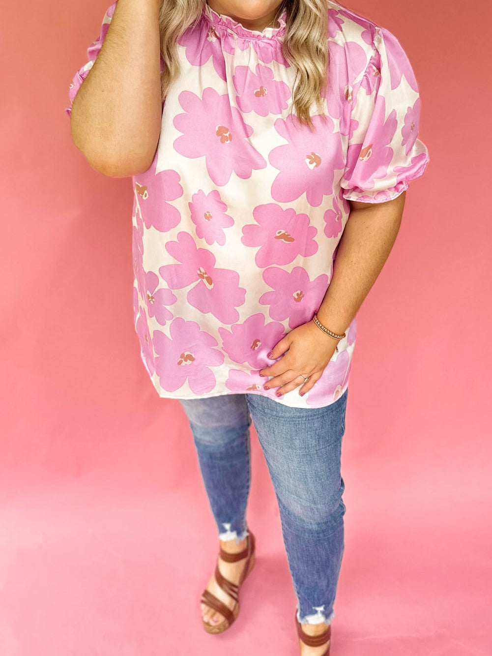 Purple Floral Ruffled Mock Neck Puff Sleeve Plus Size Blouse