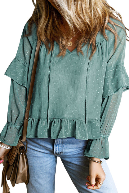 Graceful Mint Green Swiss Dot Lace-Up V Neck Ruffled Blouse