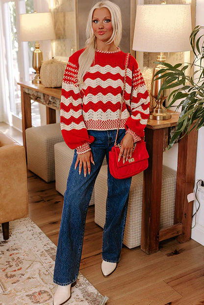 Black Stripe Pointelle Knit Contrast Trim Puff Sleeve Sweater