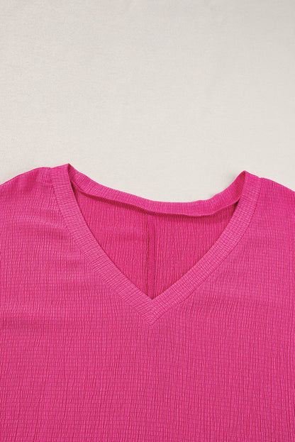 Bubble Hem Bright Pink V Neck Plus Size Top