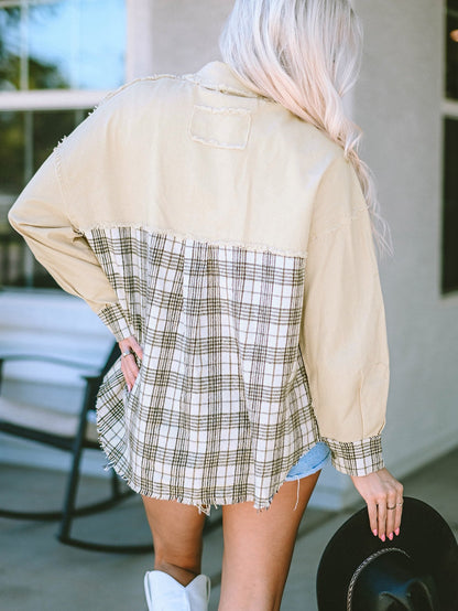 Khaki Plaid Patchwork Denim Shacket - Distressed Edges