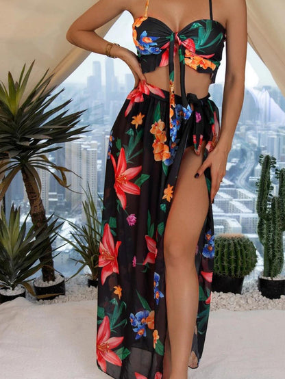 Floral Black Bikini Set with Front Twist and Cover-up