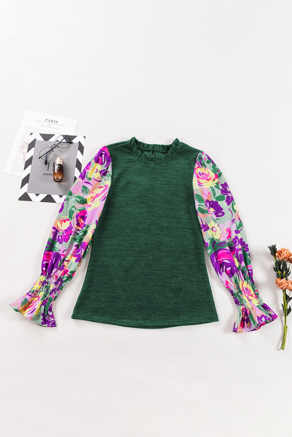 Green Floral Ribbed Frill Neck Long Sleeve Top with a Misty Twist