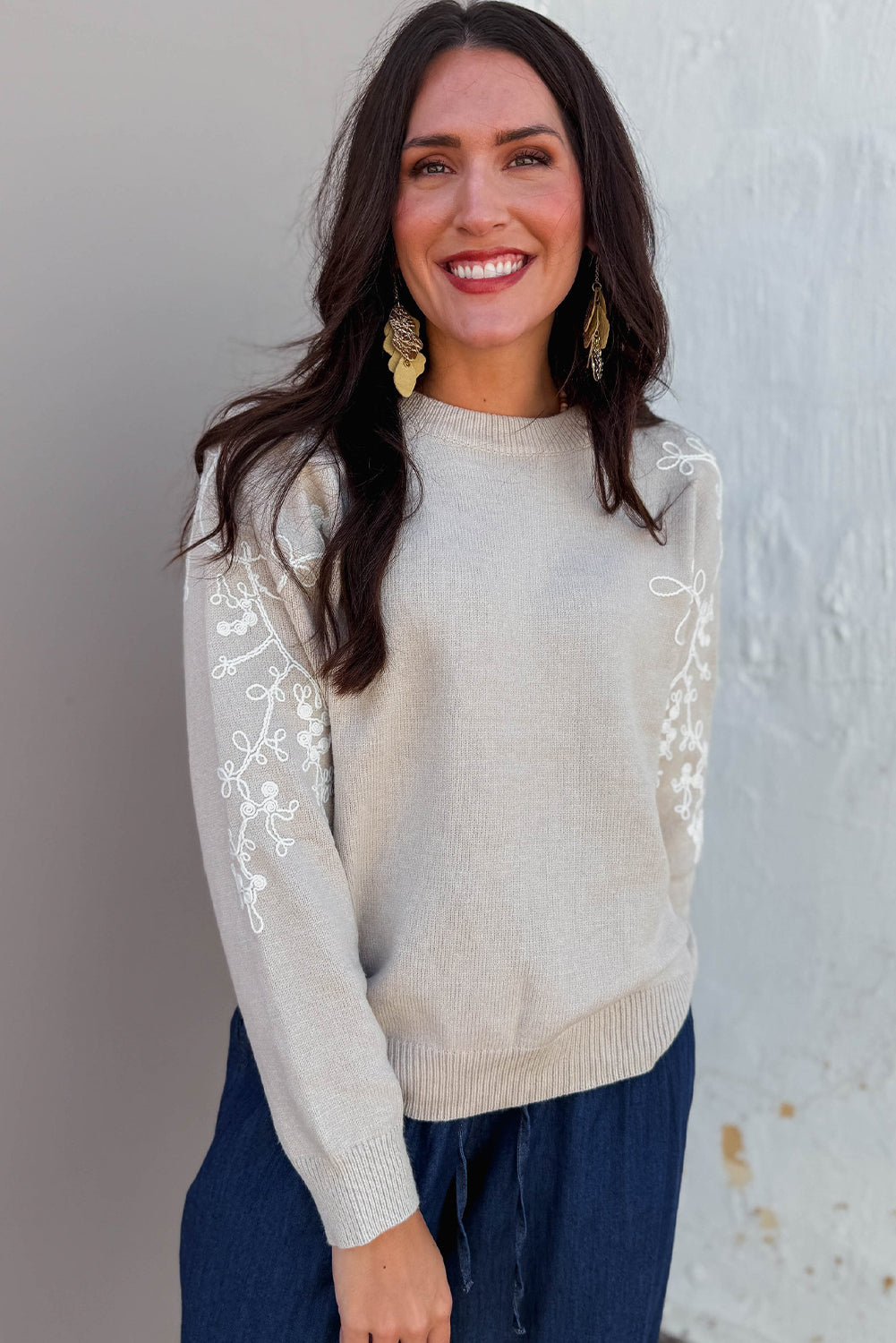 Simply Taupe Contrast Embroidered Sleeve Ribbed Trim Casual Sweater