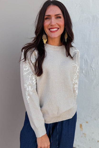 Simply Taupe Contrast Embroidered Sleeve Ribbed Trim Casual Sweater