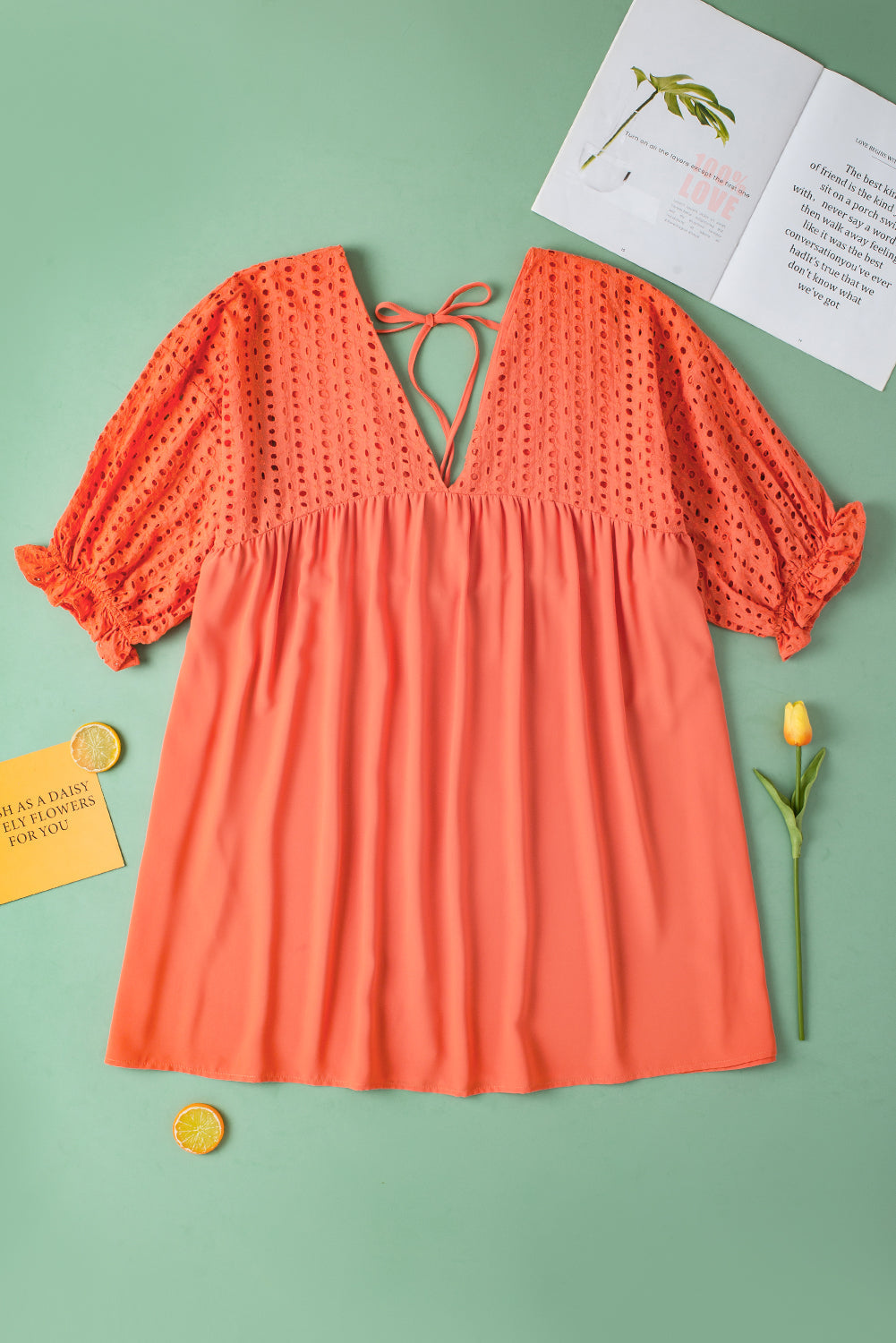 Elegant Eyelet Babydoll Dress with Carrot Contrast Bodice
