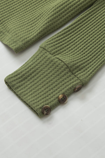 Jungle Green Waffle Knit V Neck Buttoned Long Sleeve Top