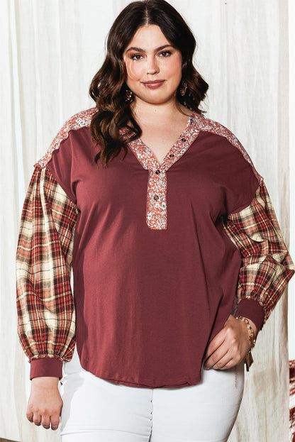 Crimson Dahlia Geometric Patchwork V-Neck Shift Top