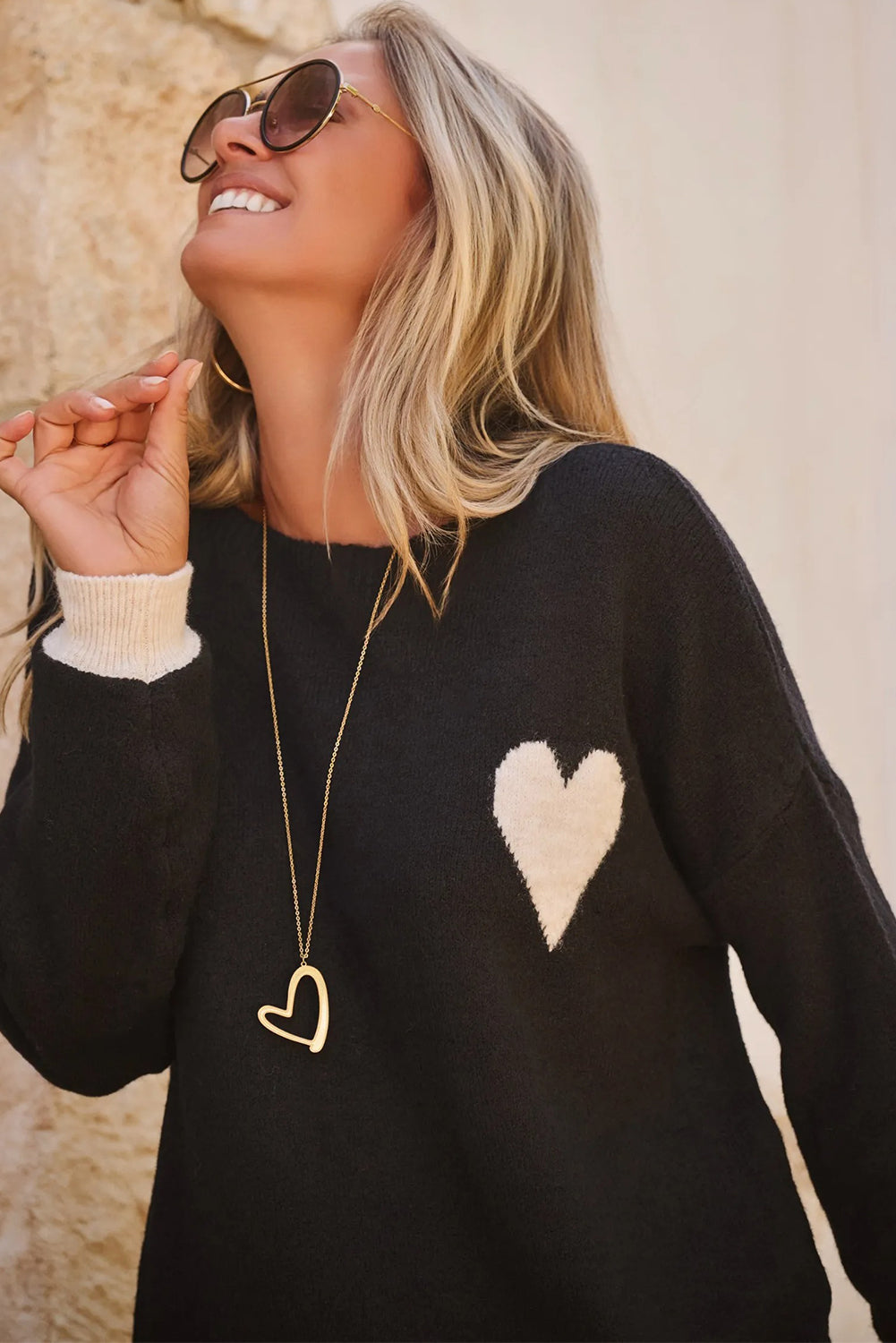 Black Heart Chest Contrast Cuffs Baggy Sweater