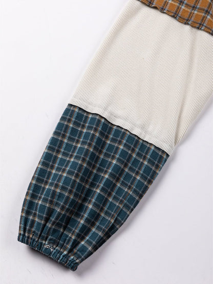 Gray Tartan Patchwork Distressed Long Sleeve Blouse