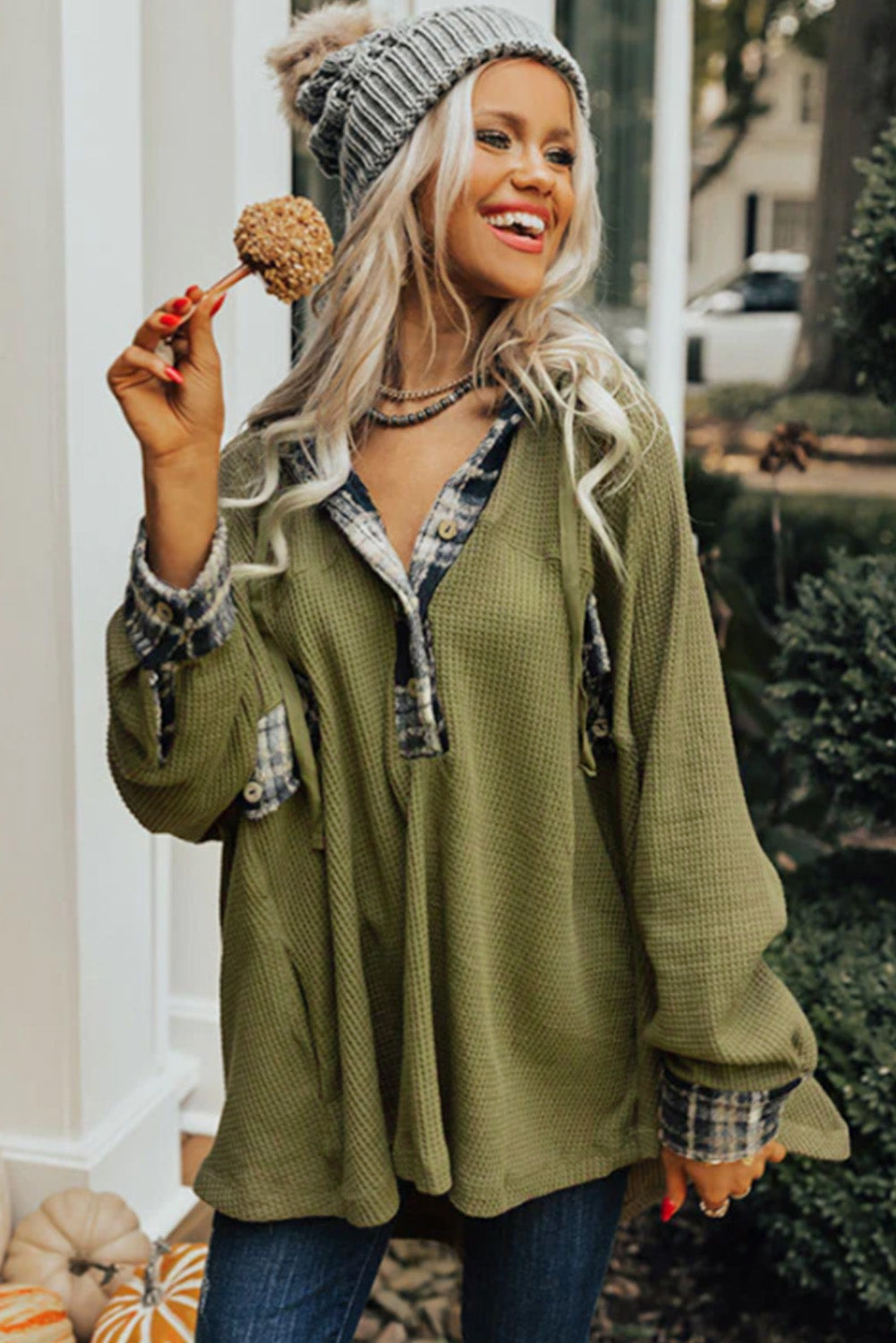 Green Plaid Patchwork Waffle Knit Henley Hoodie with Oversized Fit