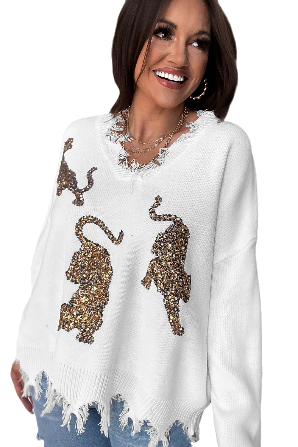 Frayed Sequin Tiger Pattern Knit Jumper