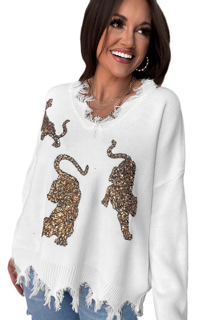 Frayed Sequin Tiger Pattern Knit Jumper
