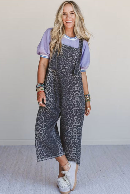 Gray Leopard Print Button Adjustable Straps Loose Denim Overall Jumpsuit