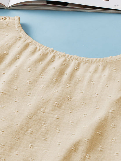 Golden Fleece Plus Size Swiss Dot Lace Trim Split Neck Babydoll Top