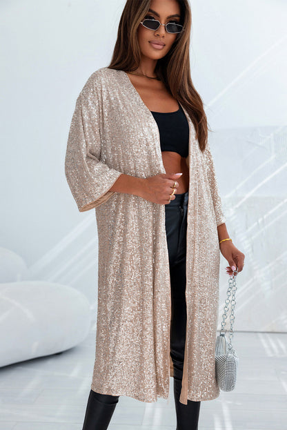 Apricot Sequin Embellished Open Front Kimono Duster