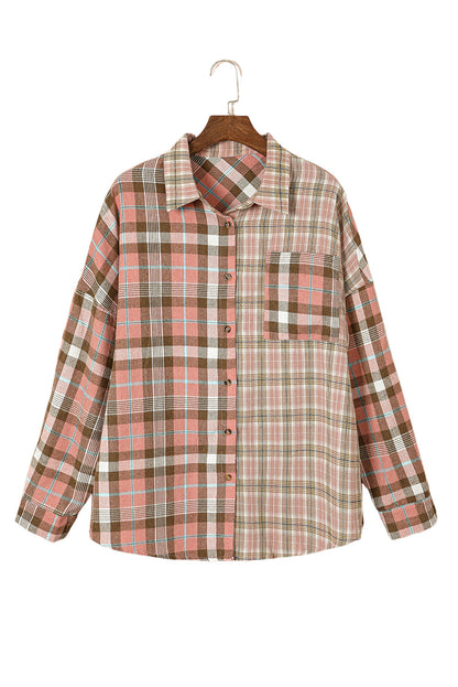 Pink Plaid Pocketed Plus Size Shirt With Long Sleeves