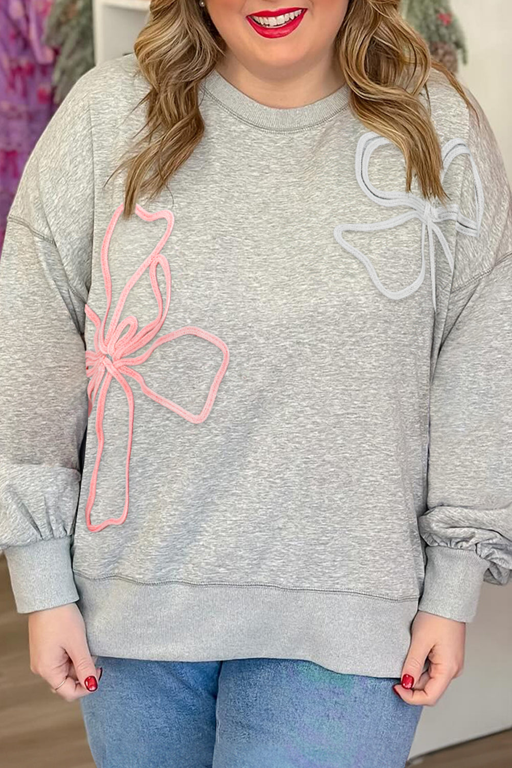 Light Grey Plus Size Thread Embroidered Drop Shoulder Round Neck Sweatshirt