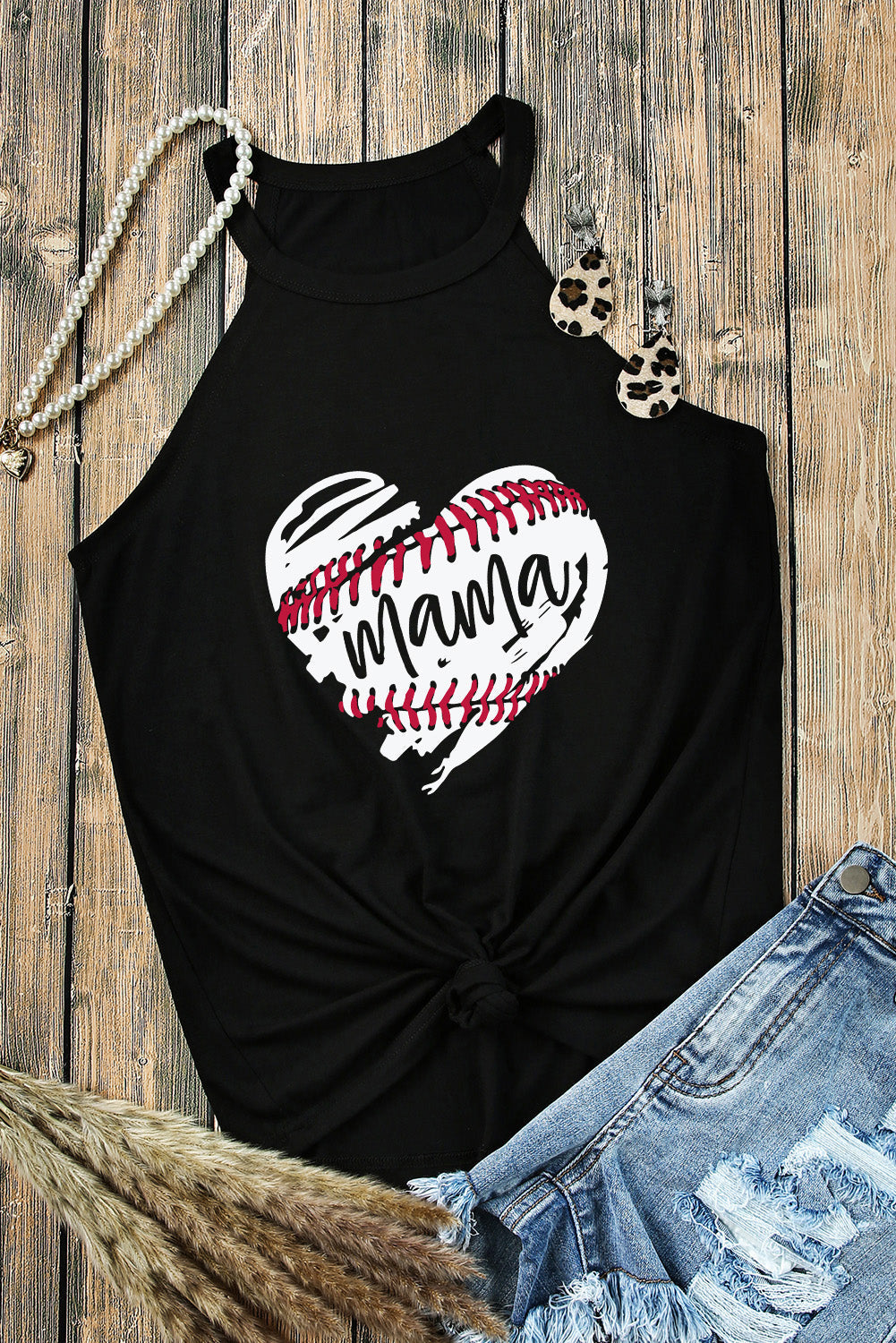 Heart Print Mama Baseball Graphic Tank Top