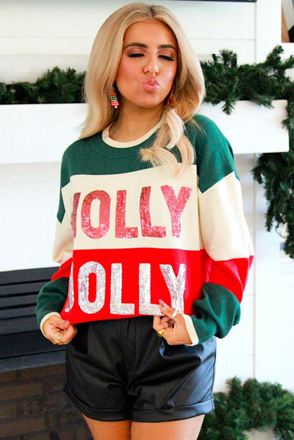 Green Sequined HOLLY JOLLY Color Block Crew Neck Sweater