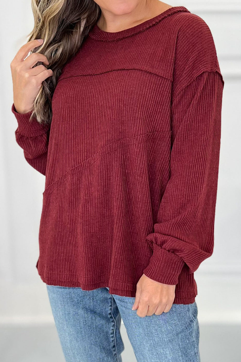 Burgundy Exposed Seam Detail Ribbed Long Sleeve Top