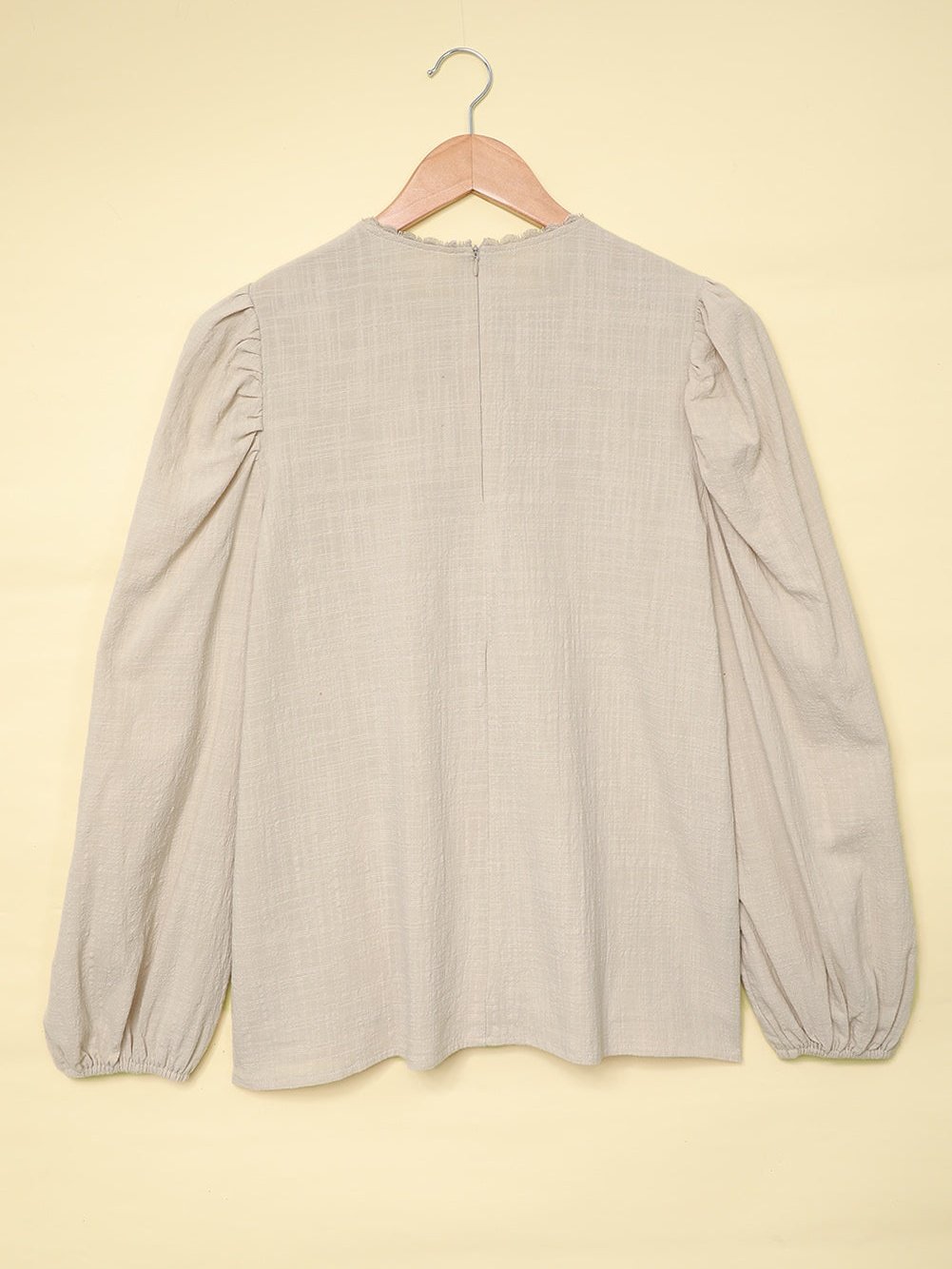 Billowed Puff Sleeve Cotton & Linen Blouse with Crew Neck