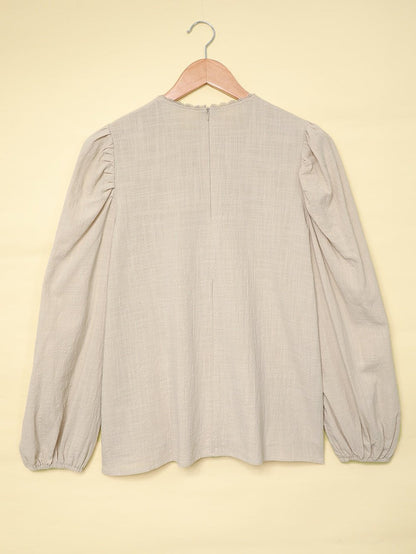 Billowed Puff Sleeve Cotton & Linen Blouse with Crew Neck