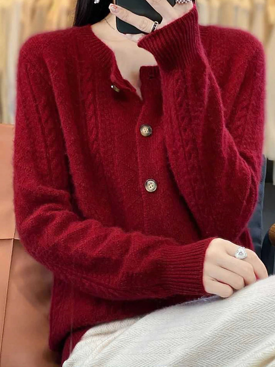 Women's Cardigan Stand Collar Ribbed Knit Polyester Button Knitted Fall Winter Regular Outdoor Daily Going out Stylish Casual Soft Long Sleeve Solid Color Wine Camel Purple One-Size