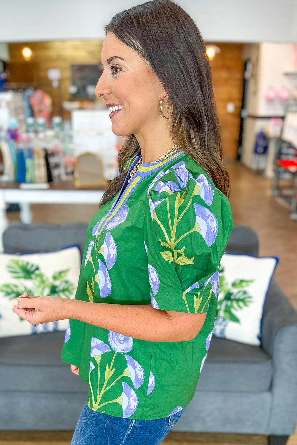 Green Floral Print Short Puff Sleeve Contrasted Striped V Neck Blouse