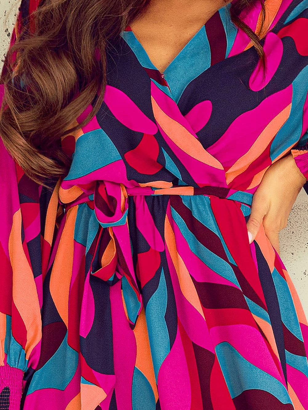 Lapel Print Lace-Up Long Sleeve Dress