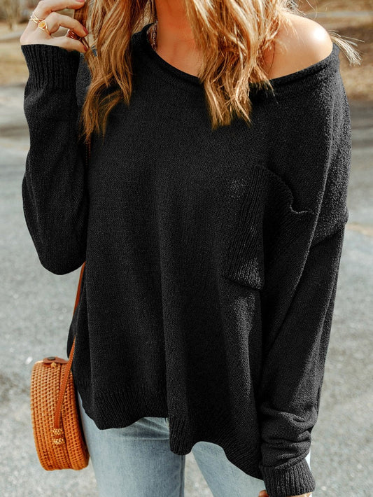 Black Rib-Knit Off-Shoulder Sweater with Pocket