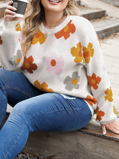 White Floral Ribbed Trim Plus Size Casual Sweater