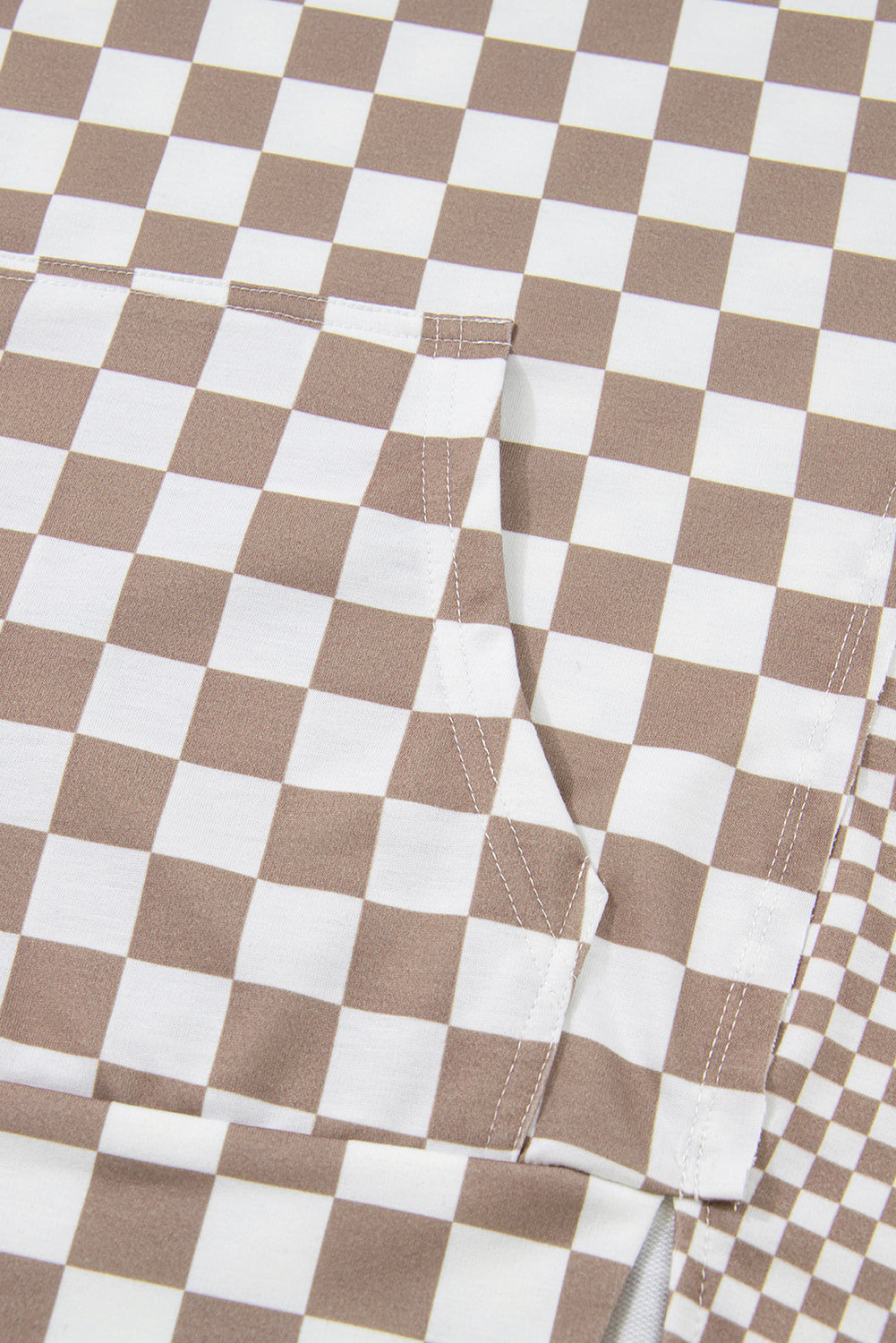 Khaki Double Checkered Patchwork Tie Neck Oversize Hoodie