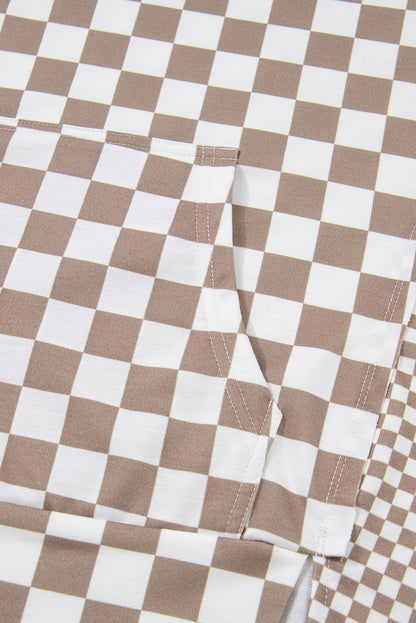 Khaki Double Checkered Patchwork Tie Neck Oversize Hoodie