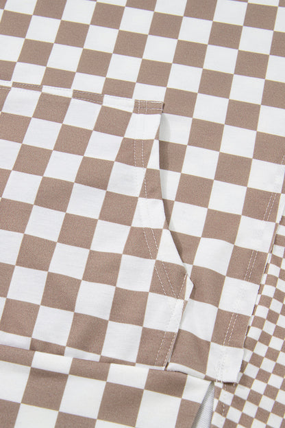 Khaki Double Checkered Patchwork Tie Neck Oversize Hoodie