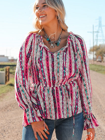 Aztec Print Peplum Blouse with Split Neck