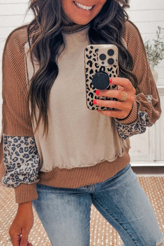 Straw Yellow Color Block Twisted Rib Leopard Patchwork Long Sleeve Top