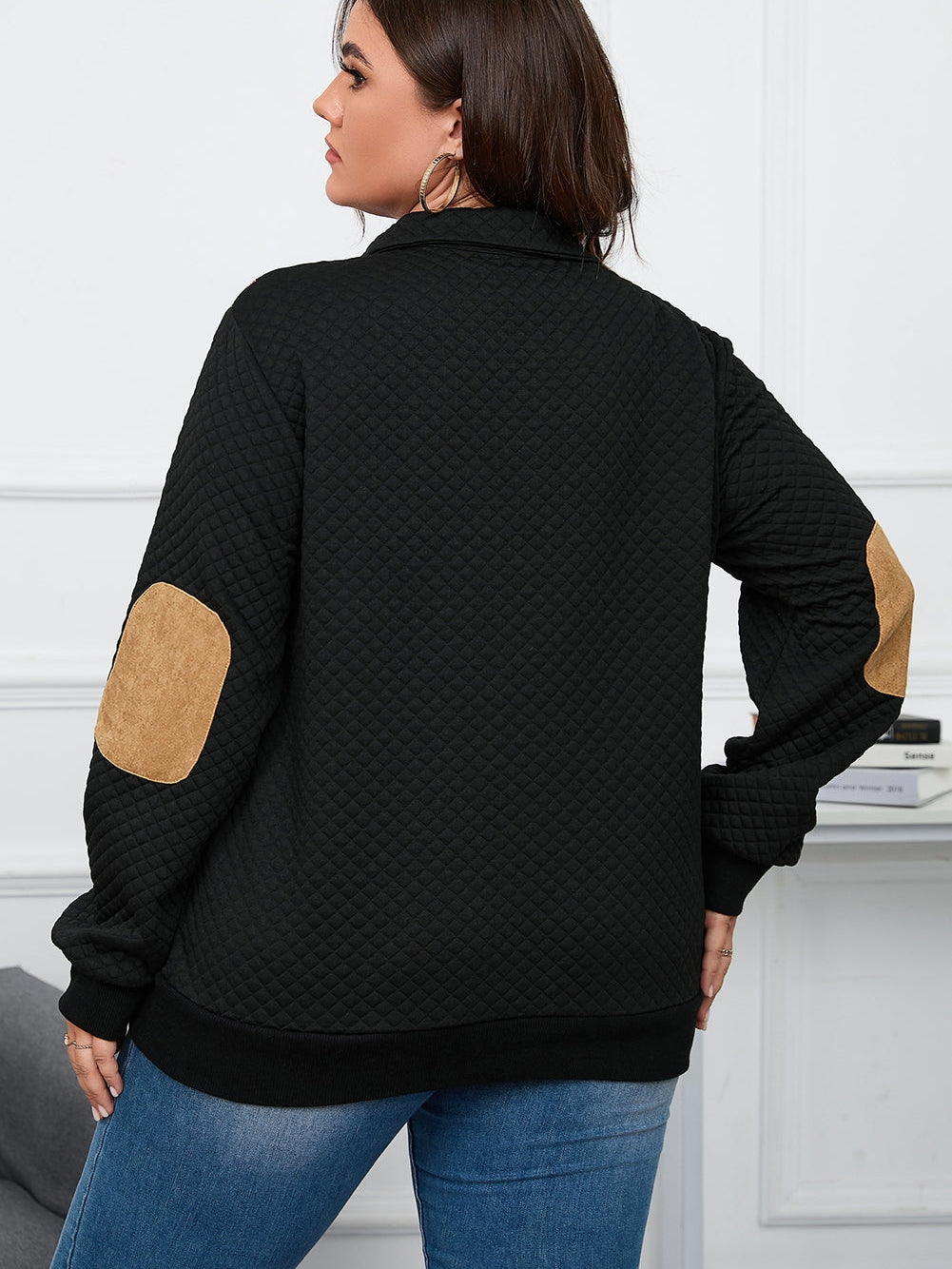 Quilted Black Plaid Patch Plus Size Henley Sweatshirt