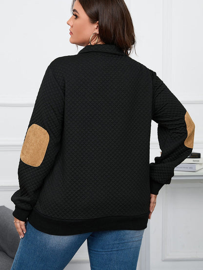 Quilted Black Plaid Patch Plus Size Henley Sweatshirt