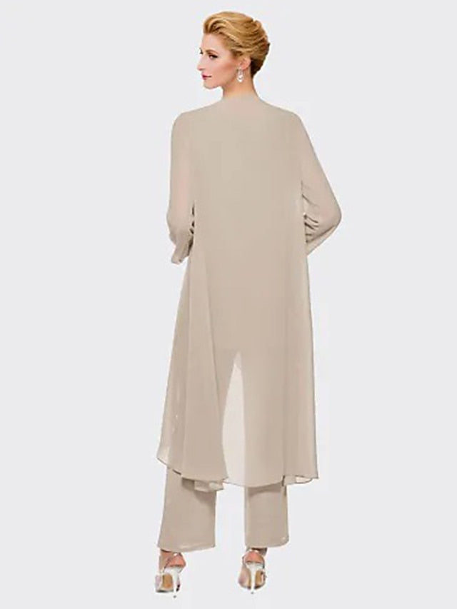 Jumpsuit / Pantsuit Mother of the Bride Dress Plus Size Elegant Bateau Neck Floor Length Chiffon Sleeveless Wrap Included with Solid Color 2023 - LuckyFash™