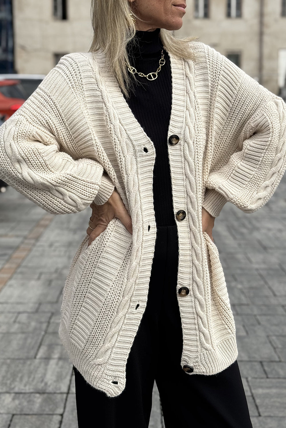 Beige Cable Knit Button V Neck Oversize Sweater Cardigan